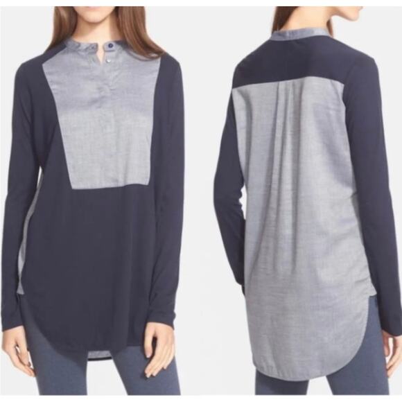 VINCE Mixed Material Button Front Blouse Navy Blue Medium - Picture 1 of 5